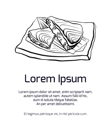 Vertical banner with contour illustration of Japanese food with rice and salmon on plate. Vector template for menus, cards, recipes and your design.のイラスト素材