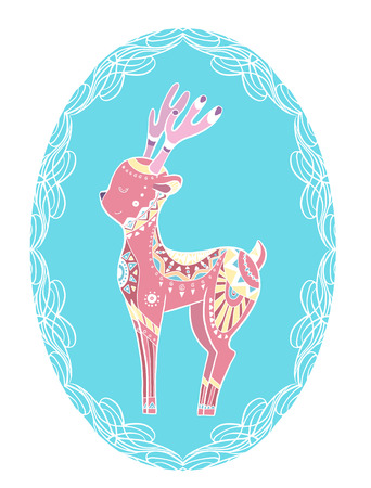 Cute gentle coloring cartoon deer with boho pattern in frame. Native illustration. The object is separate from the background.  Vector doodle element for postcards, coloring pages and your creativityのイラスト素材