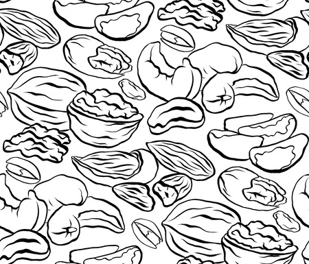 Seamless black and white pattern with contour pattern of different types of nuts. Vector texture for wallpapers, backgrounds, menus and your creativityのイラスト素材