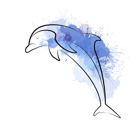Outline illustration of a jumping dolphin with watercolor splashes.  The object is separate from the background. Vector element for tattoos, t-shirt printing, logos and your design.のイラスト素材