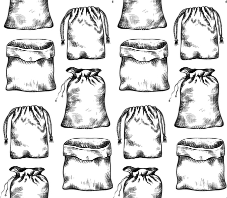 Seamless pattern with black and white illustrations of hand drawn canvas bags in row. Vector texture for menus, fabrics, backgrounds and your creativity.のイラスト素材