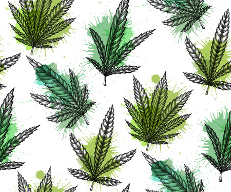 Seamless pattern with leaves of marijuana with hatching and watercolor splashes.  Vector engraving texture for fabrics, wallpapers and your creativity.のイラスト素材