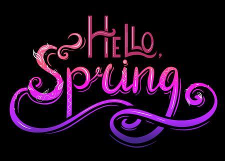 Handwritten neon Lettering Hello, Spring with decoration. The object is separate from the background. Vector element for cards, t-shirt printing and your designのイラスト素材