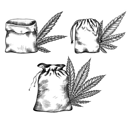 Set of black and white illustrations of hand drawn canvas bags with leaves of marijuana with hatching. Objects separate from the background. Vector engraiving element for menus, recipes, articles and your design.のイラスト素材