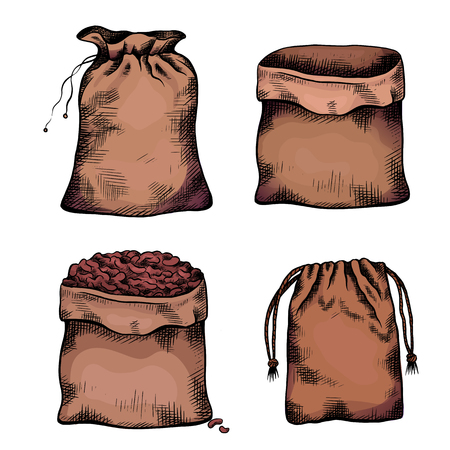 Set of coloring illustrations of hand drawn canvas bags. Objects separate from the background. Zero waste objects. Vector line art for menus, recipes, articles and your design.のイラスト素材