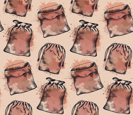 Seamless pattern of vintage hand drawn canvas bags with watercolor splashes. Vector texture for menus, fabrics, backgrounds and your creativity.のイラスト素材