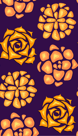 Seamless texture with succulents cut out of paper in orange color with a top view on violet background. Vector neon pattern for fabrics, wallpaper and for your designのイラスト素材