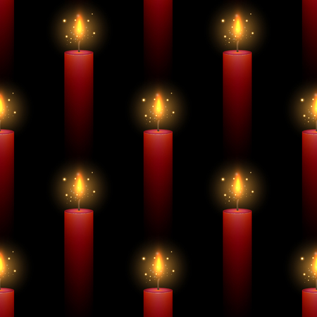 Seamless pattern with red burning candles on a dark background. Vector texture in clipping mask for fabrics, backgrounds and your creativityのイラスト素材