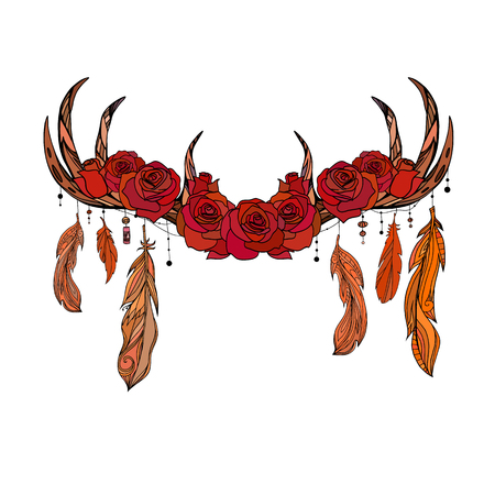 Color native drawing of deer antlers with feathers and roses. Tribal illustration. Vector boho element for cards, frames, invitation, t-shirt printing and your design.のイラスト素材