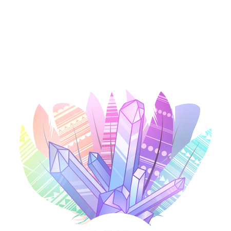 Multicolored boho feathers of birds with decoration, crystal and a place for the text on white background. Vector magic template for greeting cards, invitations and your creativityのイラスト素材