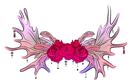 Color drawing of moose antlers with feathers, beads and roses. Tribal illustration. Vector boho element for cards, invitation, t-shirt printing and your design.のイラスト素材