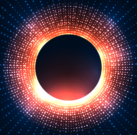 Illustration of a black hole with bright sparkles on circle. Space and Supernova. Vector background for articles, covers and your design.のイラスト素材