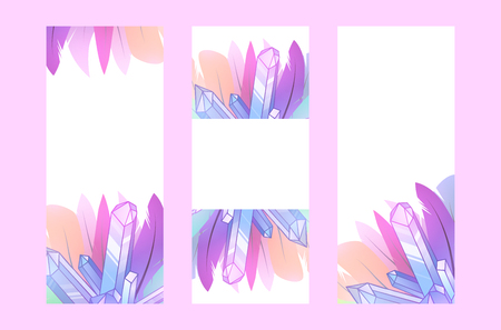 Set of vertical banner with multicolored boho feathers of birds with decoration, crystal and place for text on white background. Vector template for greeting cards, invitations and your creativityのイラスト素材