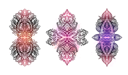Set of tribal boho ornaments with soft watercolor splashes. Native object is separate from the background. Vector henna element for tattoos, yoga mats, patterns and for your creativityのイラスト素材