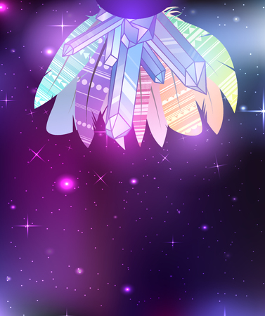 Multicolored boho feathers of birds with decoration, crystal and a place for the text on cosmic background. Vector magic template for greeting cards, invitations and your creativityのイラスト素材
