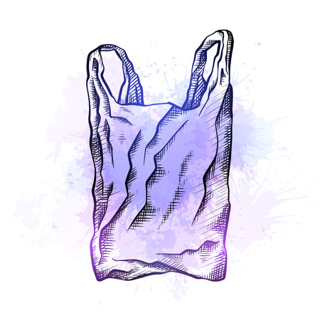 Line drawing of a plastic bag with hatching and violet watercolor splashes. Environmental pollution. The object is separated from background. Vector scribble drawing for your creativity.のイラスト素材