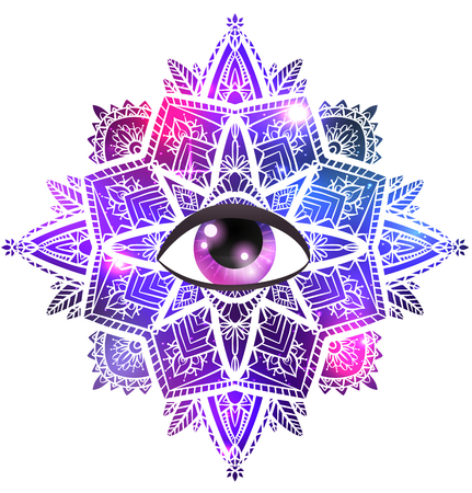 Vector zen mandala with  eye of providence, boho pattern, space background with stars and nebula. The object is separate from the background. Spiritual, magical  element for your creativityのイラスト素材