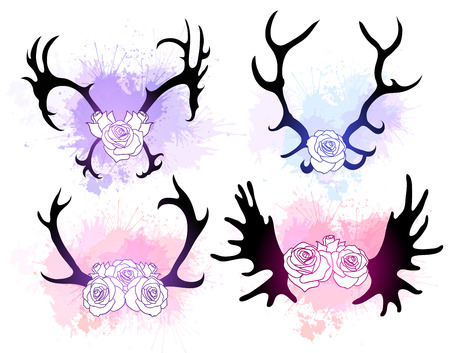 Set of blac silhouettes of deer and elk horns with flowers and gently watercolor splashes. The object is separate from the background. Vector element for scrapbooking, invitations and your designのイラスト素材