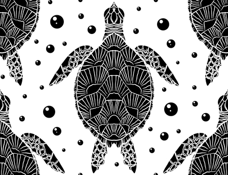 Seamless pattern with black and white silhouette of a sea turtle top view and bubbles on white background. Vector texture fot textile, wallpaper and your creativityのイラスト素材