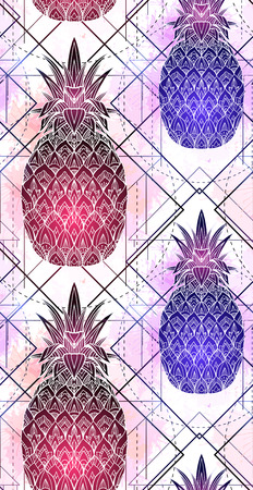 Seamless pattern with mystical pineapples with a contour drawing and pink watercolor splashes in a row. Texture with magic triangular drawing. Vector background for textile and your creativity.のイラスト素材