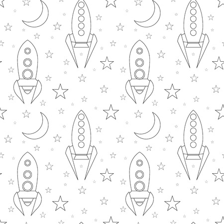 Seamless pattern with  contour spacecraft, stars and moon on white background. Linear drawing of shuttles. Vector texture with starships for wallpaper and your design.のイラスト素材