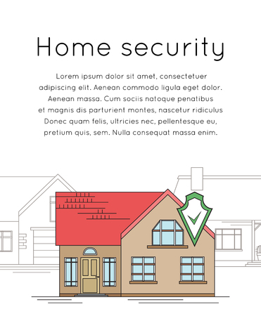 Vertical banner with outline drawing of house with security shield. Smart home with alarm on the background of ordinary homes. The house is guarded. Line art for flyer, card and your design.のイラスト素材
