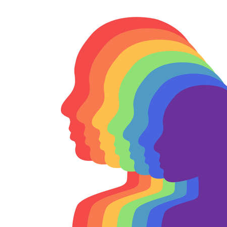 Team rainbow people in profile. Layered illustration. Unity and recognition of orientation. Colorful silhouettes. Vector elementのイラスト素材