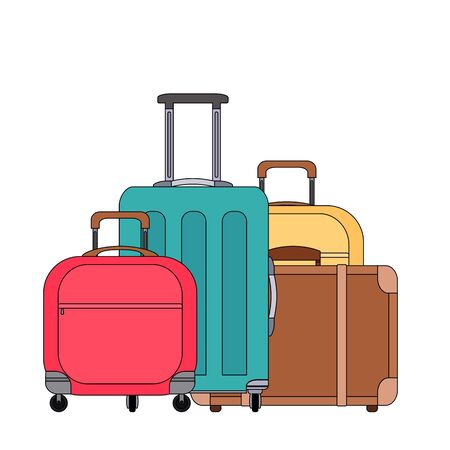 Color cartoonillustration of various suitcases. Family travel. Linear drawing of luggage and scrub. Vector colored element for logos, articles, icons and your design.のイラスト素材