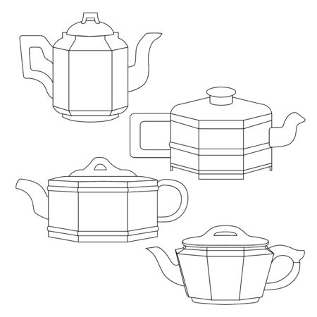 Set of contour Chinese clay teapots for tea. Linear drawing of a kettles. Tea ceremony. Objects isolated from the background. Vector elementのイラスト素材