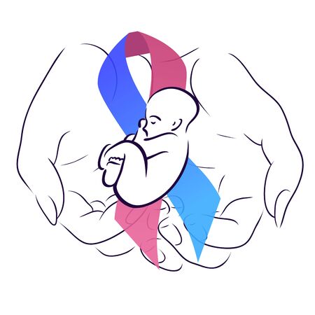 International day of premature babies. Woman hand with festive ribbon with a baby. Motherhood and care.のイラスト素材