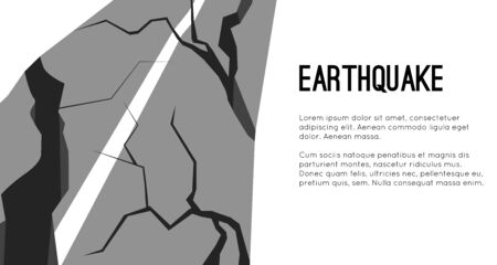 Vector flat horizontal template with earthquake damaged road and space for text. Splits and cracks. Faults on the pavement.  Modern cataclysm. Object for cards, banners and your design.のイラスト素材