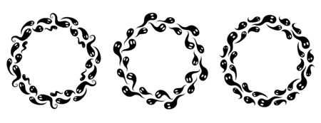 Set of round frames from black silhouettes of ghosts. The object is separate from the background. Halloween decorations with spirits. Vector template for invitation, greeting cards and your design.のイラスト素材
