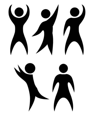 Set of simple black silhouettes of rejoicing and dancing people. The object is separate from the background.のイラスト素材