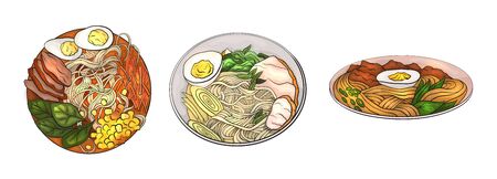 Set of cartoon dishes with noodles. Japanese traditional ramen. Asian different lunch. The object is separate from the background. Vector element for menu, recipes and your design.のイラスト素材