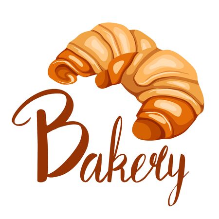 Cartoon croissant illustration with Bakery lettering. Bagel with inscription. French pastries. Baking shop. Vector flat picture for menus, recipes, cards and your creativityのイラスト素材