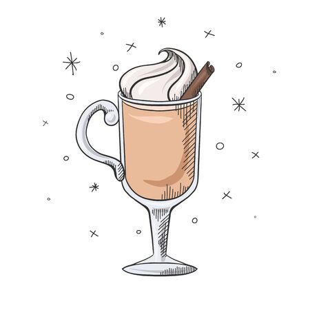 Eggnog with cinnamon and whipped cream. Sketch of a Christmas treat. Festive gogol mogol with decorations. Vector element for menus, recipes, cards and your creativity.のイラスト素材