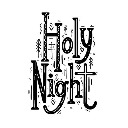 Holy Night. Festive Christmas lettering with ethno decoration. Black tribal calligraphy on white background. Holiday phrase vector element for greeting card, banner and your creativity.のイラスト素材