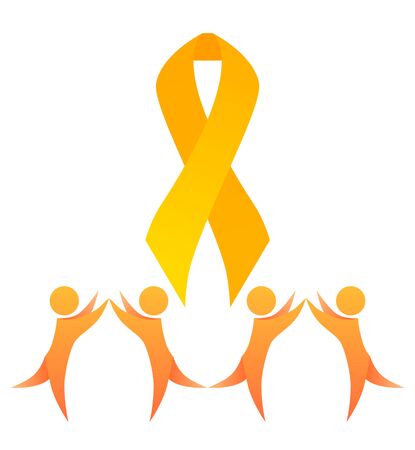 Childhood cancer. Yellow happy dance people and gold ribbon. Children cancer awareness. Symbol of hope and unity. Vector element for card, banner, articles and your design.のイラスト素材