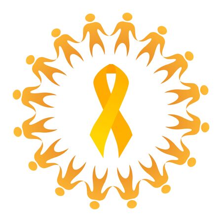 Childhood cancer. Yellow happy dance people in circle and gold ribbon. Children cancer awareness. Symbol of hope and unity. Vector elementのイラスト素材