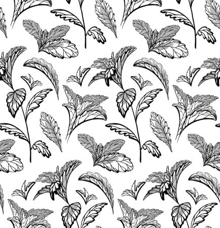 Seamless herbal pattern with stevia and peppermint plants. Nature and naturalness. Hand drawn background with strokes. Vector sketch texture for wallpapers, backgrounds, menus and your design.のイラスト素材