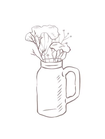 Pencil sketch jars with a bouquet of herbs and branches on a white background. Spring herbs in a vase. Vector rustic illustration for cards, invitations, banners and your creativity.のイラスト素材