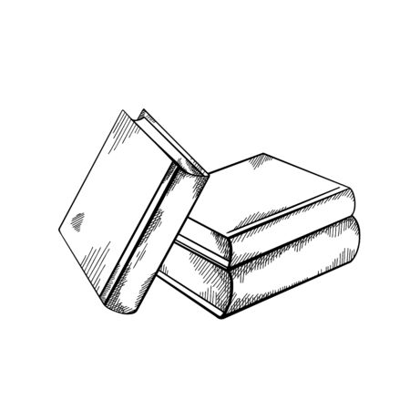 Sketch piles of books with hatching. Engraving black and white drawing. Knowledge and wisdom. Vector image for badges, cards, slides and your creativity.のイラスト素材