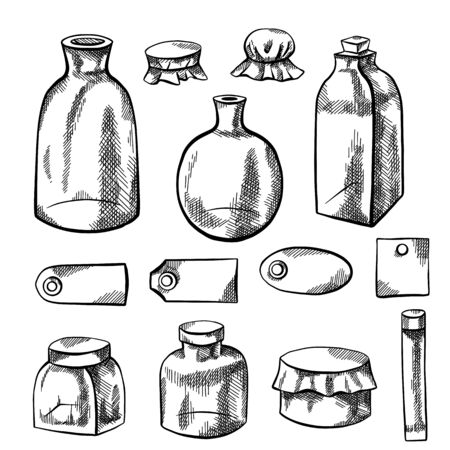 Set of glass bottles, flasks and labels. Pencil sketch with hatching. Natural pharmacy. Capacities for medicines and natural cosmetics. Vector element separately from the background.のイラスト素材