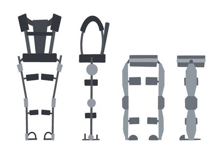 Set of flat medical exoskeleton isolated on a white background. Help for people with disabilities. The future and innovation. Vector exosuit.のイラスト素材