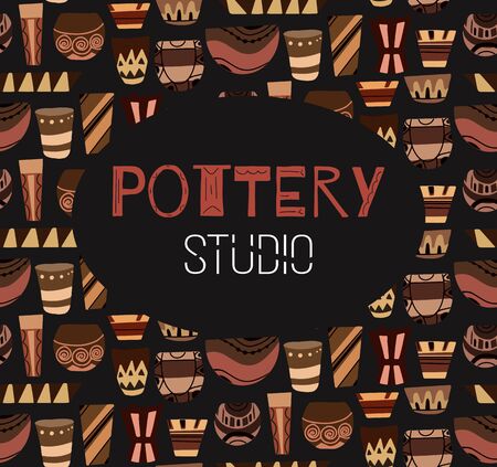 Pottery lessons. Square placart. Flat clay vases and pots with boho pattern on a dark background. Vector template for invitations, diplomas, banners and your design.のイラスト素材