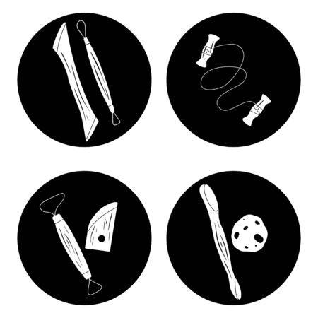 Set of black circle with silhouette tools for pottery. Hobbies and workshop. Cutter, wire, sponge. The object is separate from the background. Vector element for icon, logo and infographicのイラスト素材