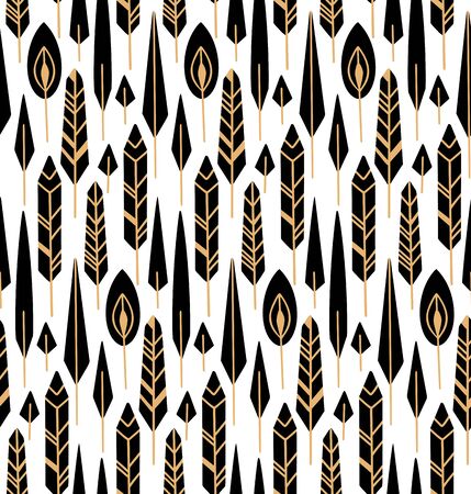 Seamless pattern with black silhouettes of feathers in a row and gold tribal pattern on a white background. Magical wild backdrop. Gypsy vector texture for fabrics, wallpapers and your creativity.のイラスト素材