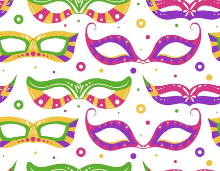 Seamless festive pattern with masks in row, dot on white background. Flat hand drawn holiday backdrop. Masquerade and parade. Vector texture on the Mardi Gras holiday for your creativityのイラスト素材
