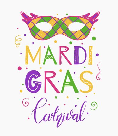 Flat vertical poster with masquerade mask, confetti and lettering on white background. Mardi Gras celebration. Fat Tuesday. Decoration for parade, carnival. Vector image for your creativityのイラスト素材