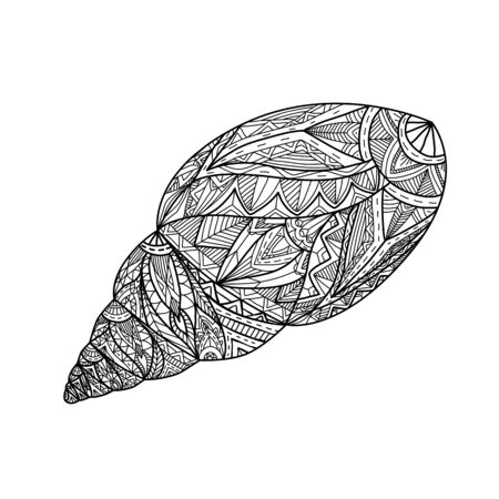 Black contour illustration of a seashell with boho pattern. Snail shell. Vector outline doodle picture for banner, card, tattoo and your creativity.のイラスト素材